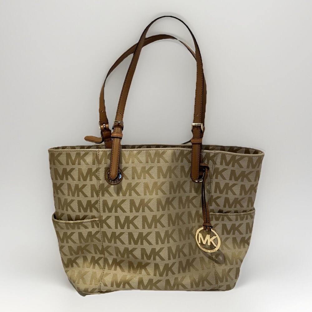 MICHAEL KORS LADIES BROWN & TAN SIGNATURE CANVAS JET SET TOTE W/ LEATHER TRIM